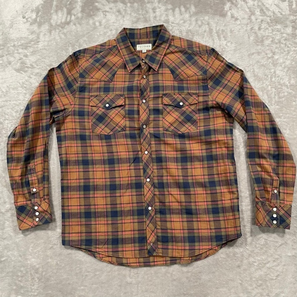 Tecovas Shirt Mens Large Orange Flannel Western Pearl Snap Long Sleeve Cowboy